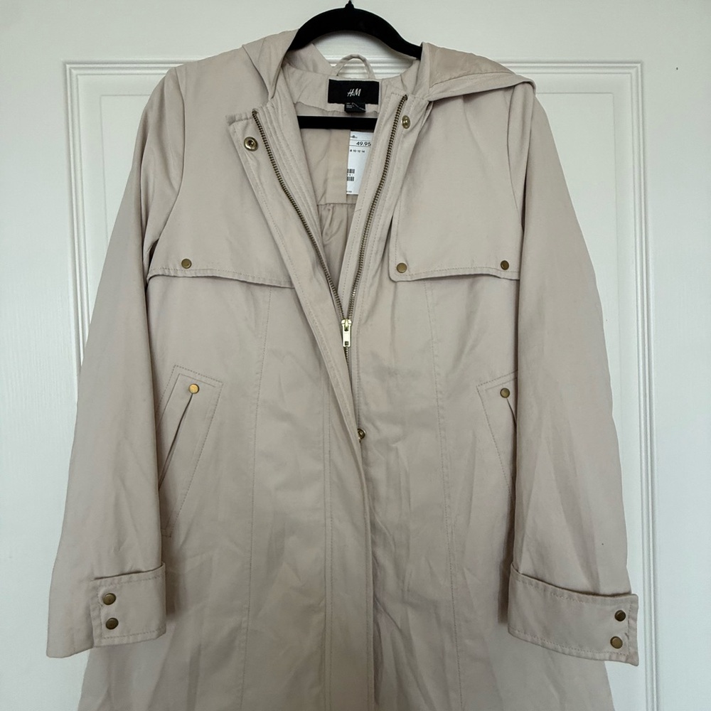 H&M Beige Hooded Trench Coat with Snap Details